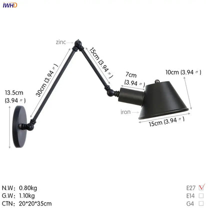 Industrial black single swing arm wall light in wrought iron and zinc with adjustable conical shade for bedroom decorbites black single