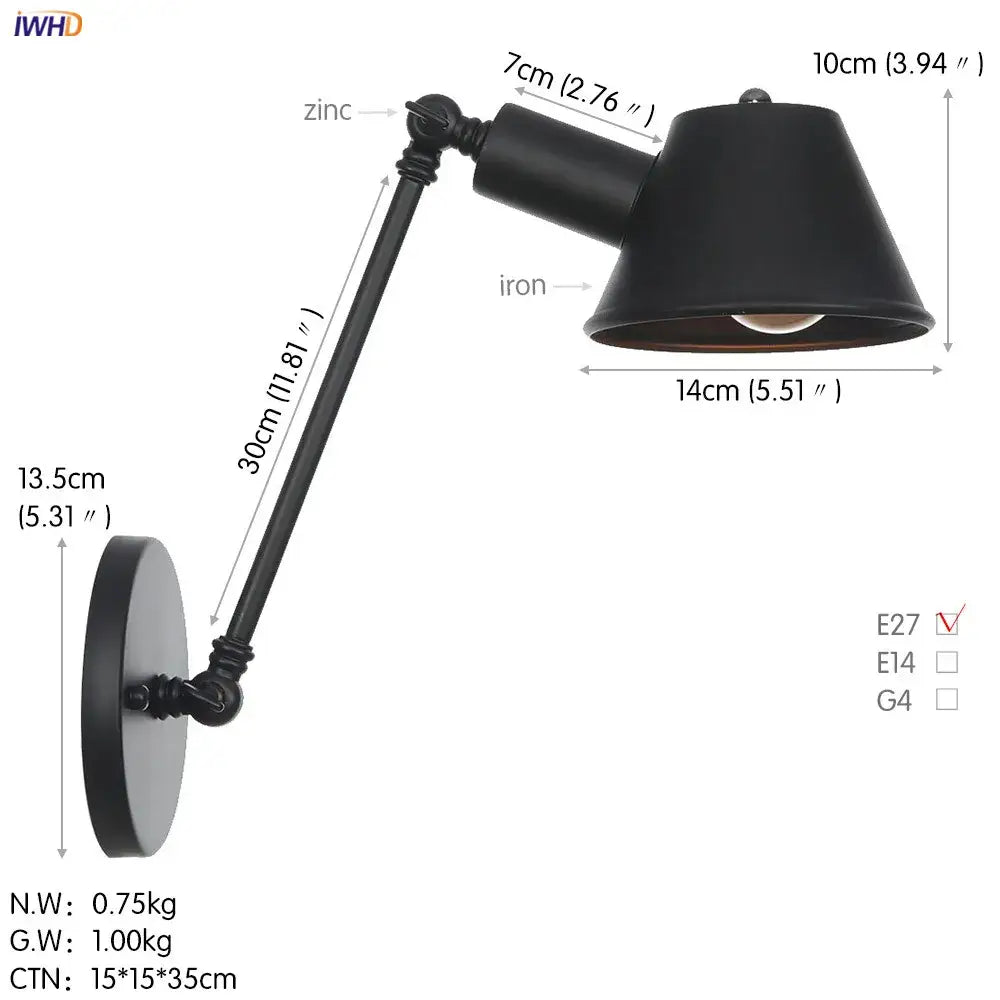 Industrial black single swing arm wall light made of wrought iron with matte finish conical shade for bedroom decorbites black single