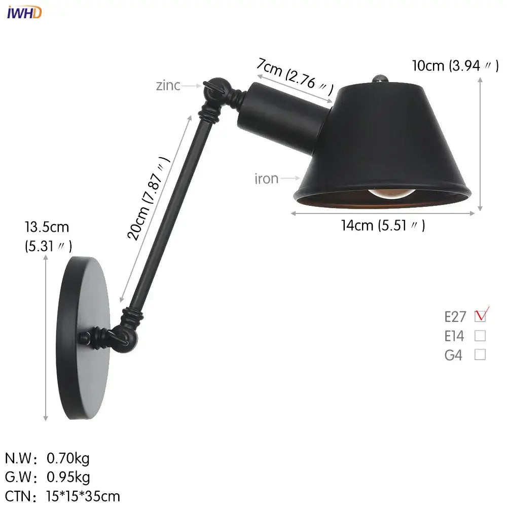 Industrial black single swing arm wall light in black wrought iron and zinc with adjustable conical shade for bedroom decorbites black single