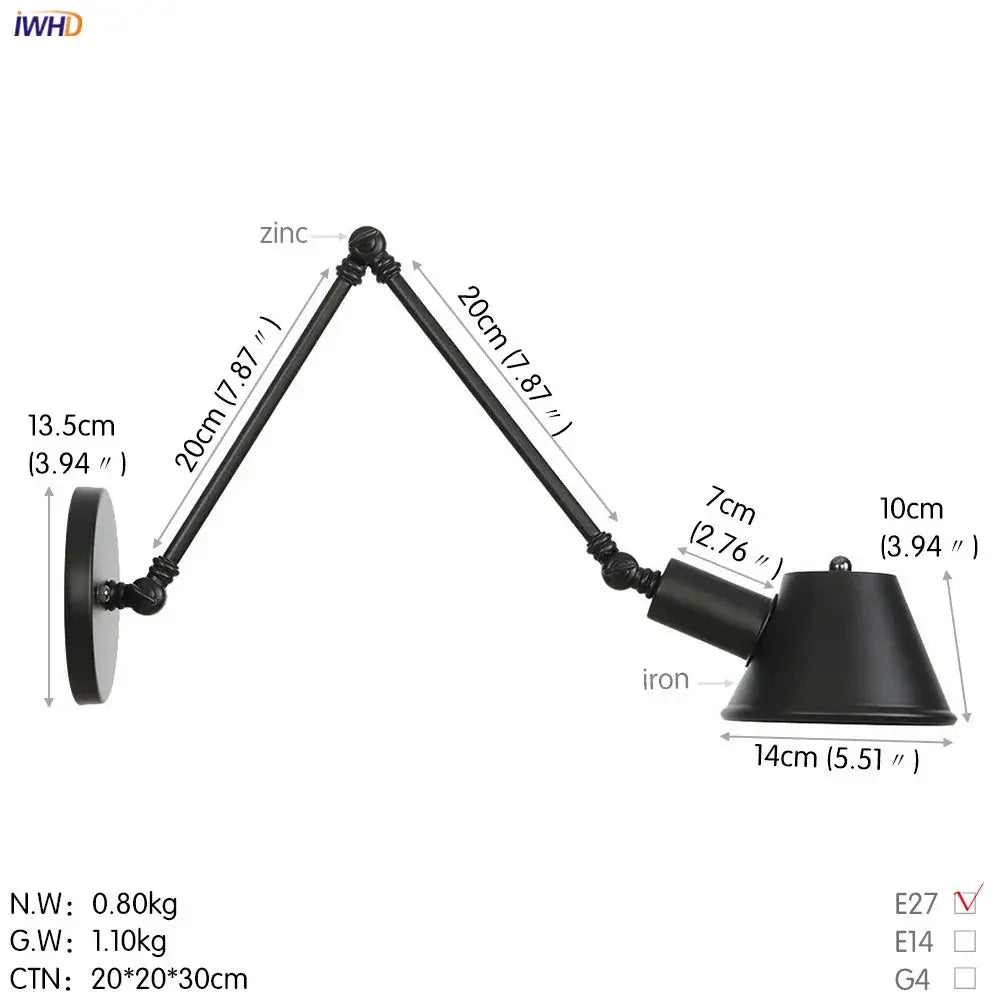 Industrial black single swing arm wall light featuring a black zinc and iron adjustable conical shade lamp