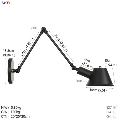 Industrial black single swing arm wall light featuring a black zinc and iron adjustable conical shade lamp