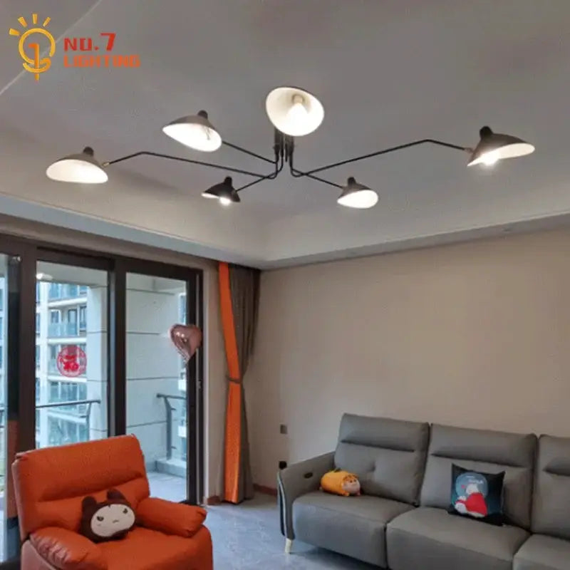 Industrial black spider ceiling lamp with five white dome-shaped lampshades metal spider ceiling lamp for living room decor