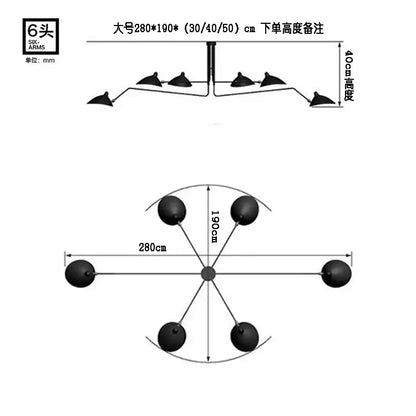 Six-arm black metal ceiling lamp with spherical lamps arranged in a radial pattern decorbites industrial spider chandelier
