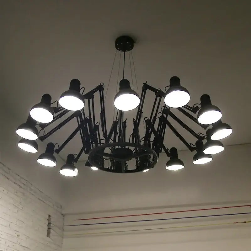 Industrial black spider iron chandelier pendant light with multiple adjustable arms and bright circular lamps for living room
