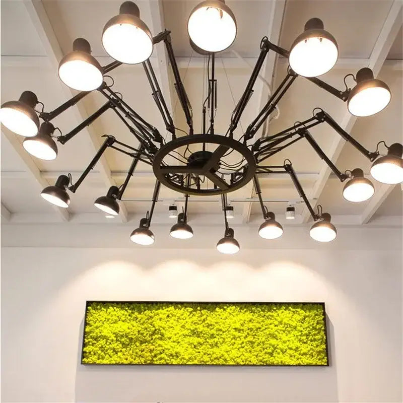 Industrial black spider iron chandelier pendant light with adjustable arms and white globe lamps for living room use