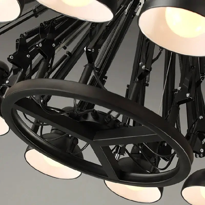 Industrial black spider iron chandelier pendant light with multiple adjustable arms and circular lamp shades for living rooms