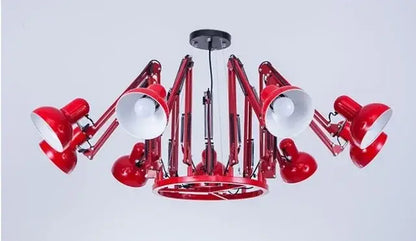 Red industrial-style spider iron chandelier pendant light with multiple adjustable lamp heads and circular base for living room