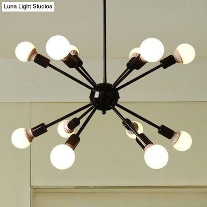 Industrial Black Starburst Chandelier Lighting - 12 Bulbs, Adjustable Cord - Ideal for Restaurants