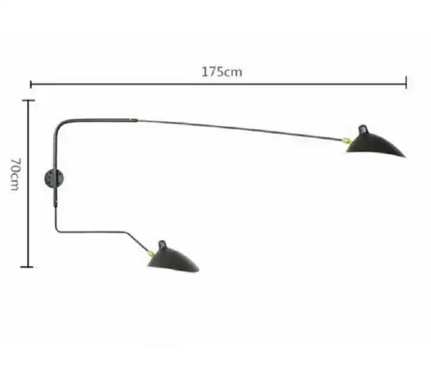Industrial black swing arm chandelier featuring a black double-arm wall sconce with curved metal arms and conical shades
