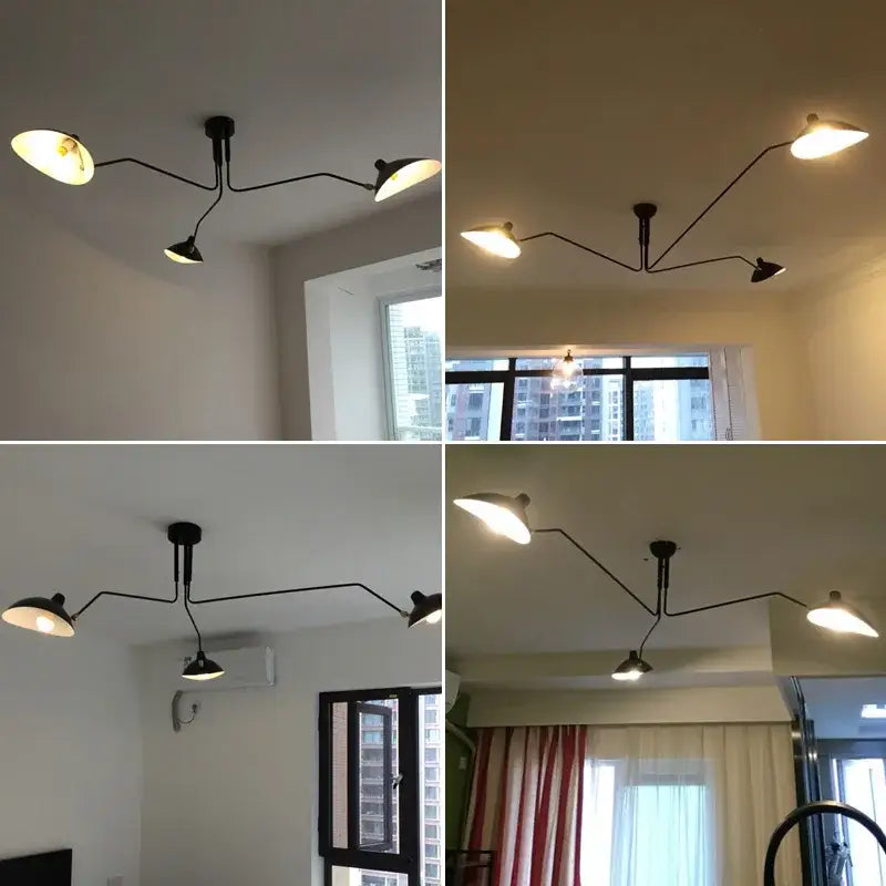 Industrial black swing arm chandelier with three adjustable black metal arms and white lampshades for dining room decorbites black swing
