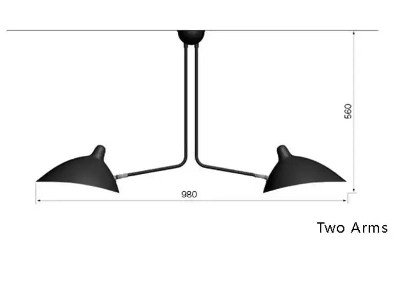 Industrial black swing arm chandelier featuring a black matte finish two-arm pendant light with conical shades