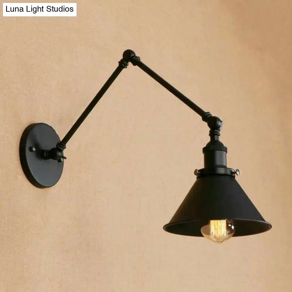 Black metal decorbites™ retro style swing arm wall lamp with 1-head sconce and conic shade for indoor use