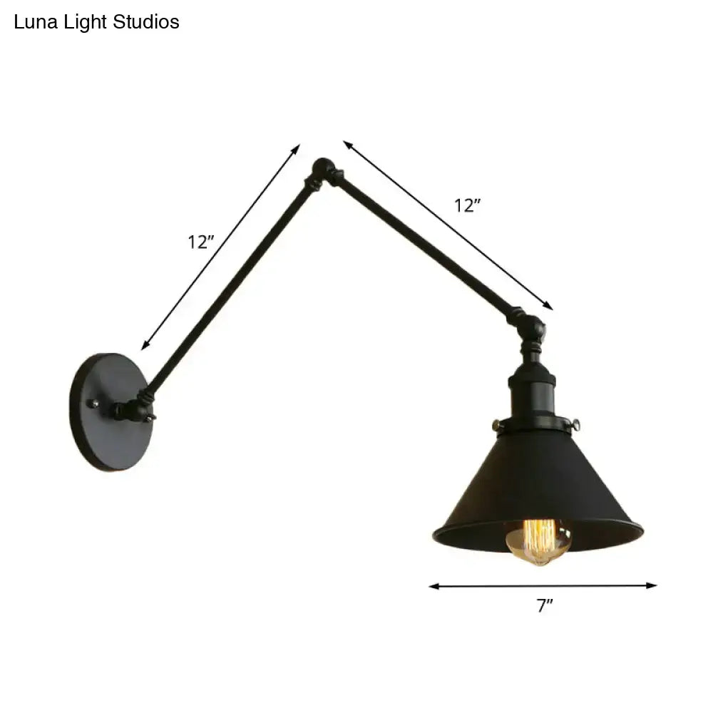 Decorbites™ retro style black metal wall lamp with adjustable swing arm and 1-head conic shade sconce for indoor use