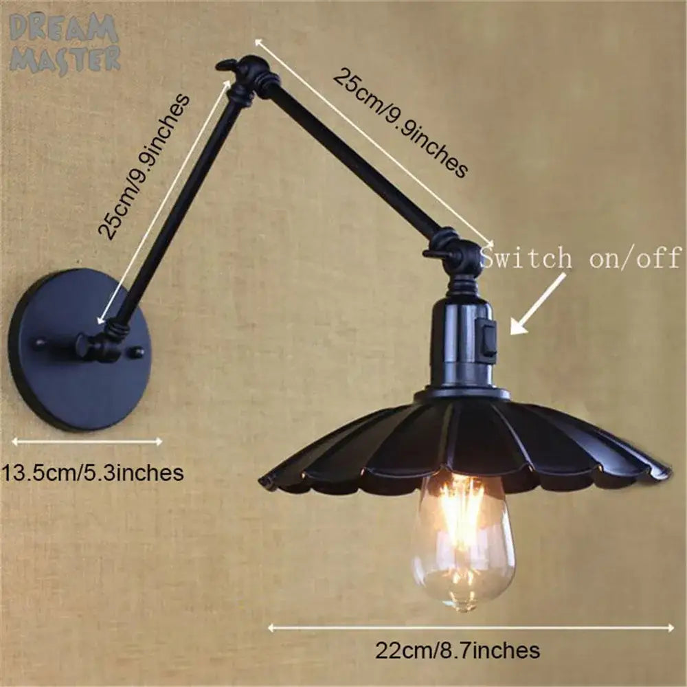 Black industrial swing arm wall lamp with fluted shade and exposed edison bulb for bedroom decorbites industrial swing