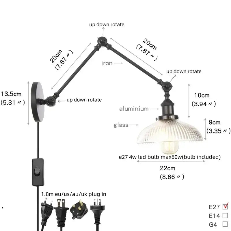 Industrial black swing arm wall light fixture with adjustable iron and aluminum arms and faceted ribbed glass shade