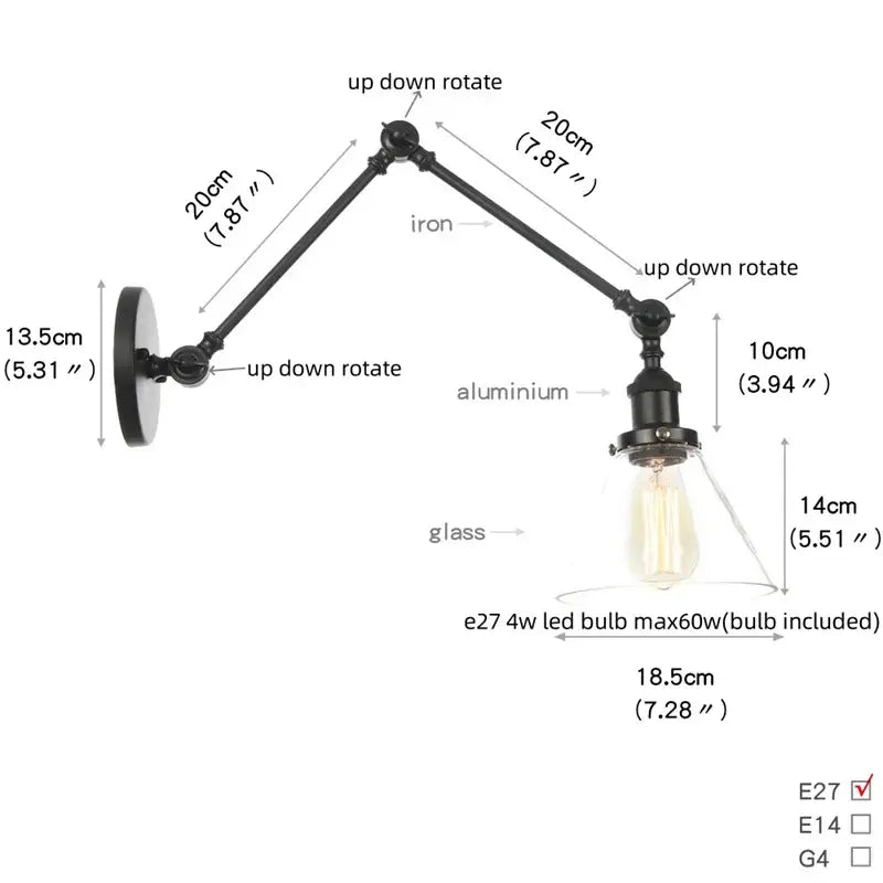 Industrial black swing arm wall light fixture with iron and aluminum arms and faceted glass shade housing e27 led bulb