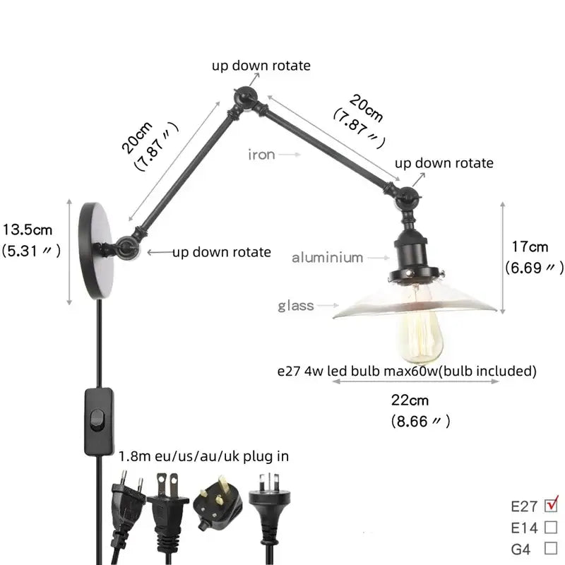 Industrial black swing arm wall light fixture with iron and aluminum arms, faceted glass shade, and included e27 led bulb