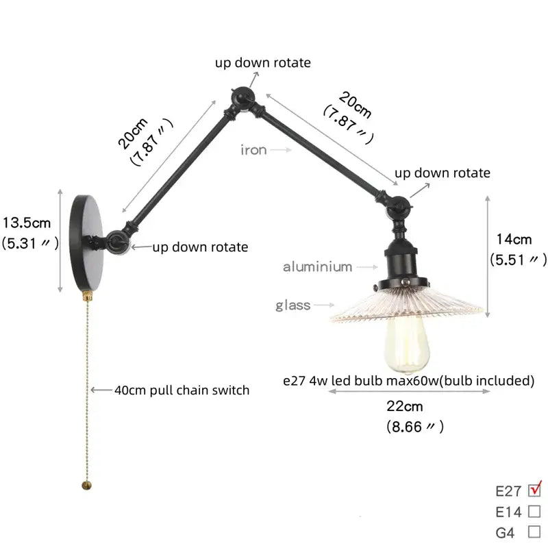 Industrial black swing arm wall light fixture with adjustable iron and aluminum arms and a faceted glass shade light fixture