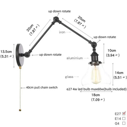 Black wrought iron and aluminum industrial wall light fixture with adjustable swing arm and clear faceted glass shade housing e27 led bulb