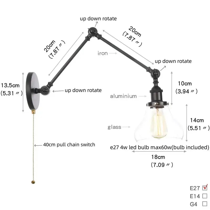 Black wrought iron and aluminum industrial wall light fixture with adjustable swing arm and clear faceted glass shade housing e27 led bulb