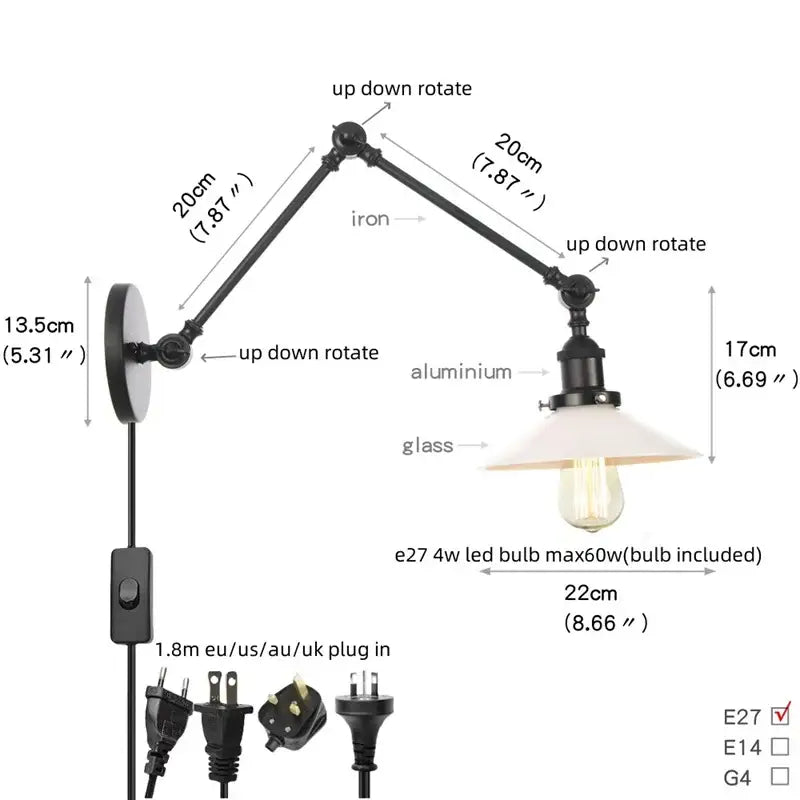 Industrial black iron and aluminum wall light fixture with adjustable swing arm and white faceted glass shade