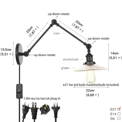 Industrial black swing arm wall light fixture with black iron and aluminum frame and clear faceted glass shade