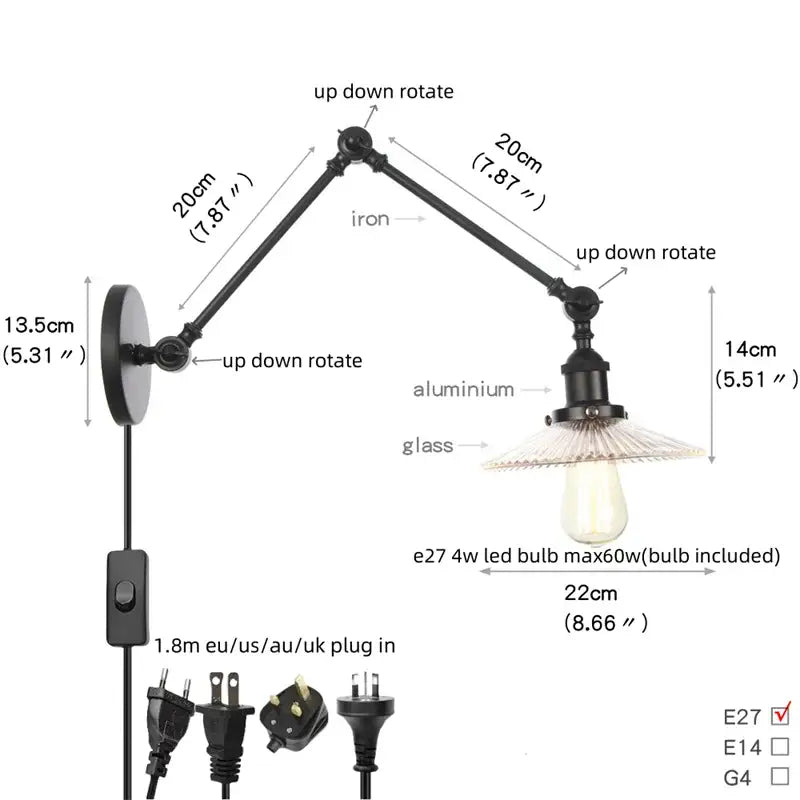 Industrial black swing arm wall light fixture with black iron and aluminum frame and clear faceted glass shade