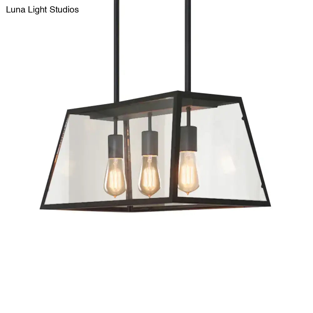 DecorBites™ industrial black metal pendant light with clear glass panels and 3-bulb clear glass hanging design