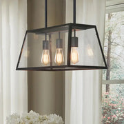 DecorBites industrial black metal pendant light with clear glass panels and 3-bulb clear glass hanging design
