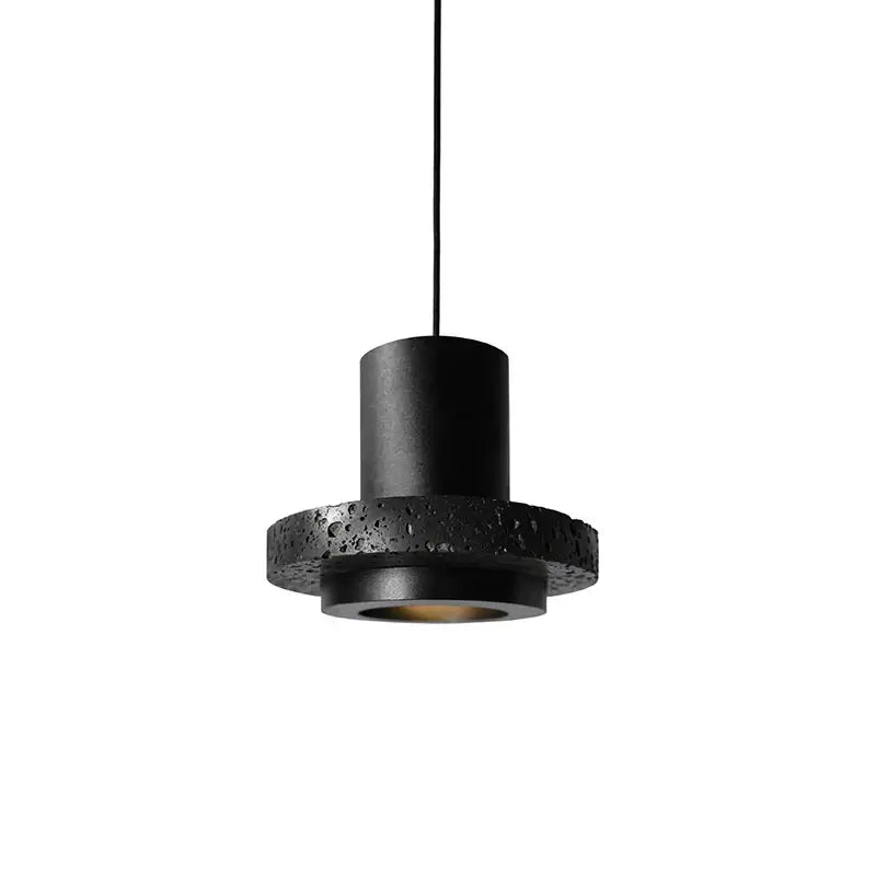 Industrial black travertine cement pendant light featuring a speckled concrete ring and sleek metallic finish for kitchen decorbites black travertine