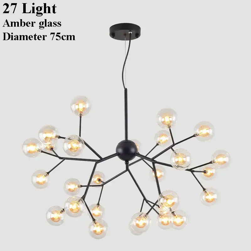 Black metal tree branch chandelier with 27 amber decorbites glass ball firefly lights for dining room decor