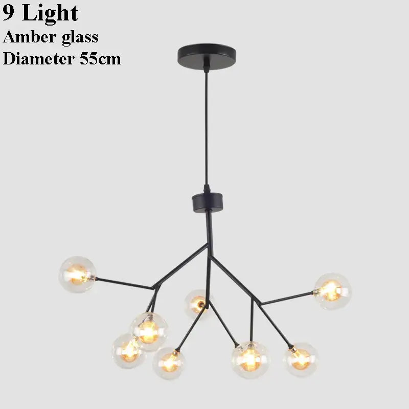 Black metal tree branch chandelier with nine amber decorbites glass ball firefly lights for dining room decor