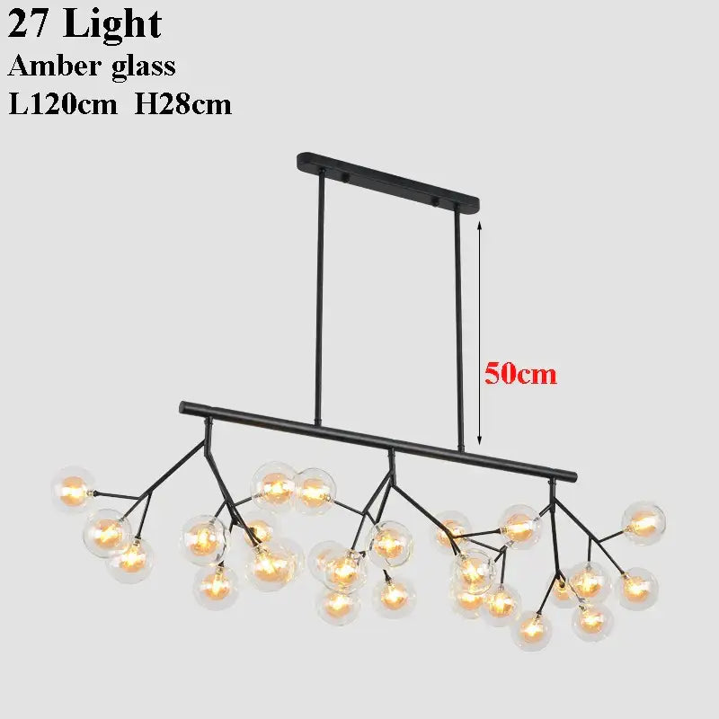Modern black metal tree branch chandelier with 27 amber decorbites glass ball firefly lights for dining room decor