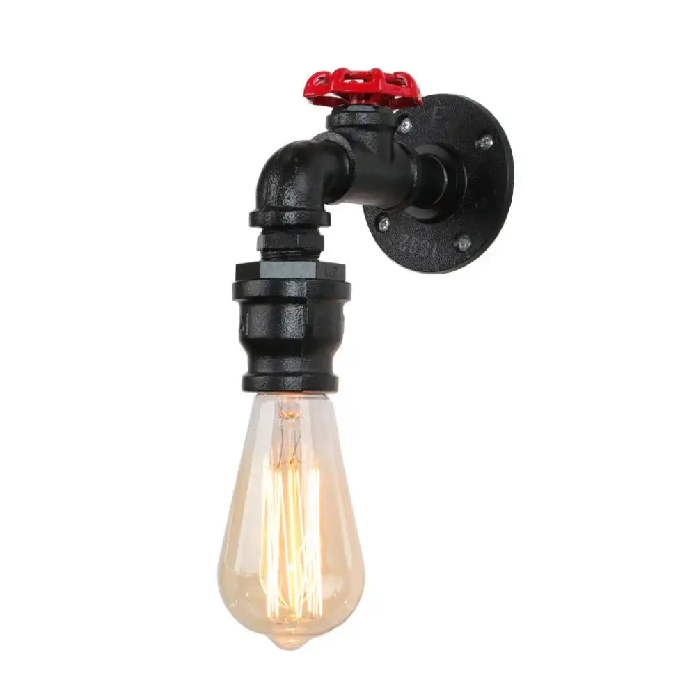 Black industrial water pipe wall lamp with red valve handle and exposed filament bulb for decorbites industrial water decor