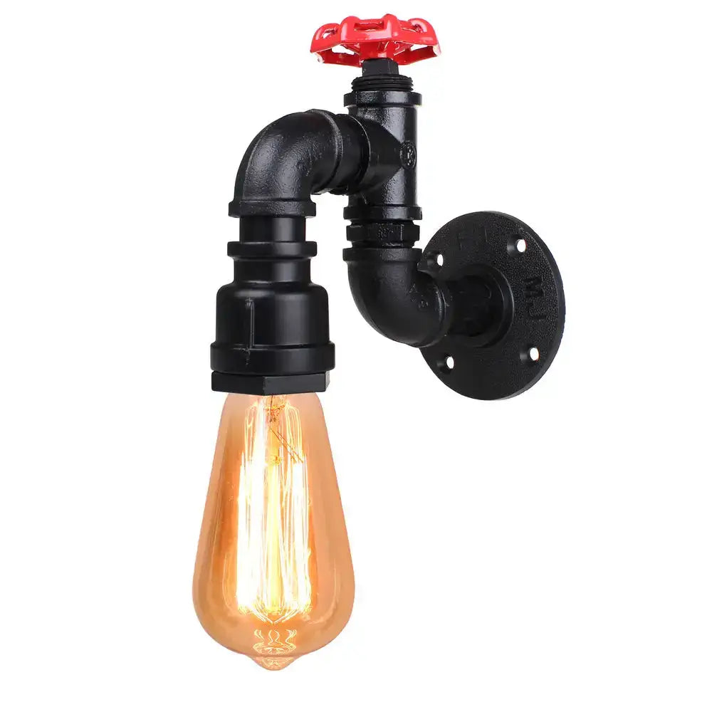 Industrial black water pipe wall lamp with red valve handle and glowing amber filament bulb for bedroom decorbites industrial water