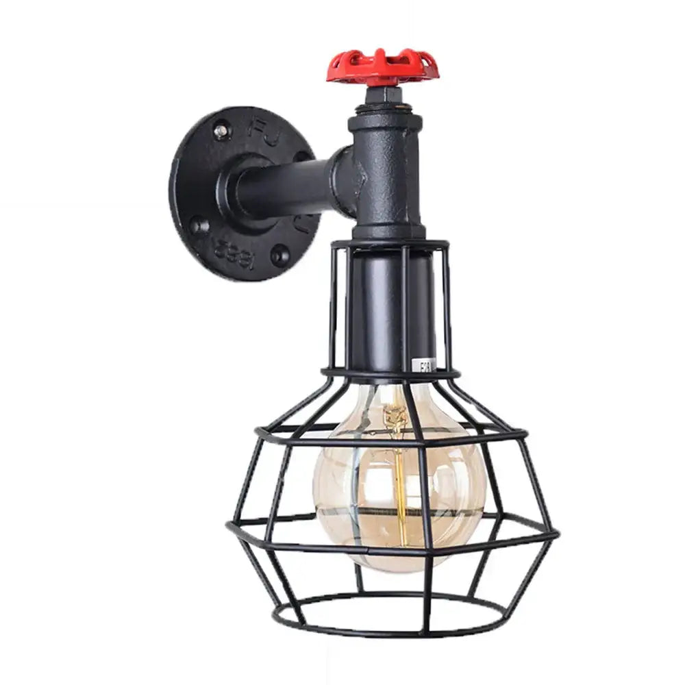 Industrial black water pipe wall lamp with cage-encased bulb and red valve handle from decorbites industrial water