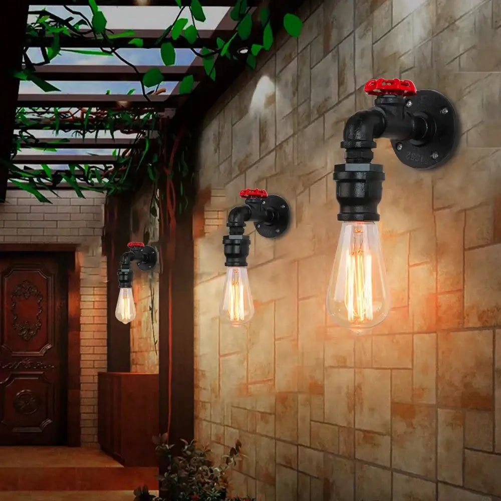Industrial black water pipe wall lamp with red valve and clear glass bulb for bedroom decorbites industrial water style