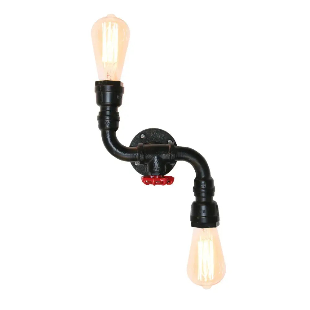 Industrial black water pipe wall lamp with two exposed filament bulbs and red valve for decorbites industrial water style