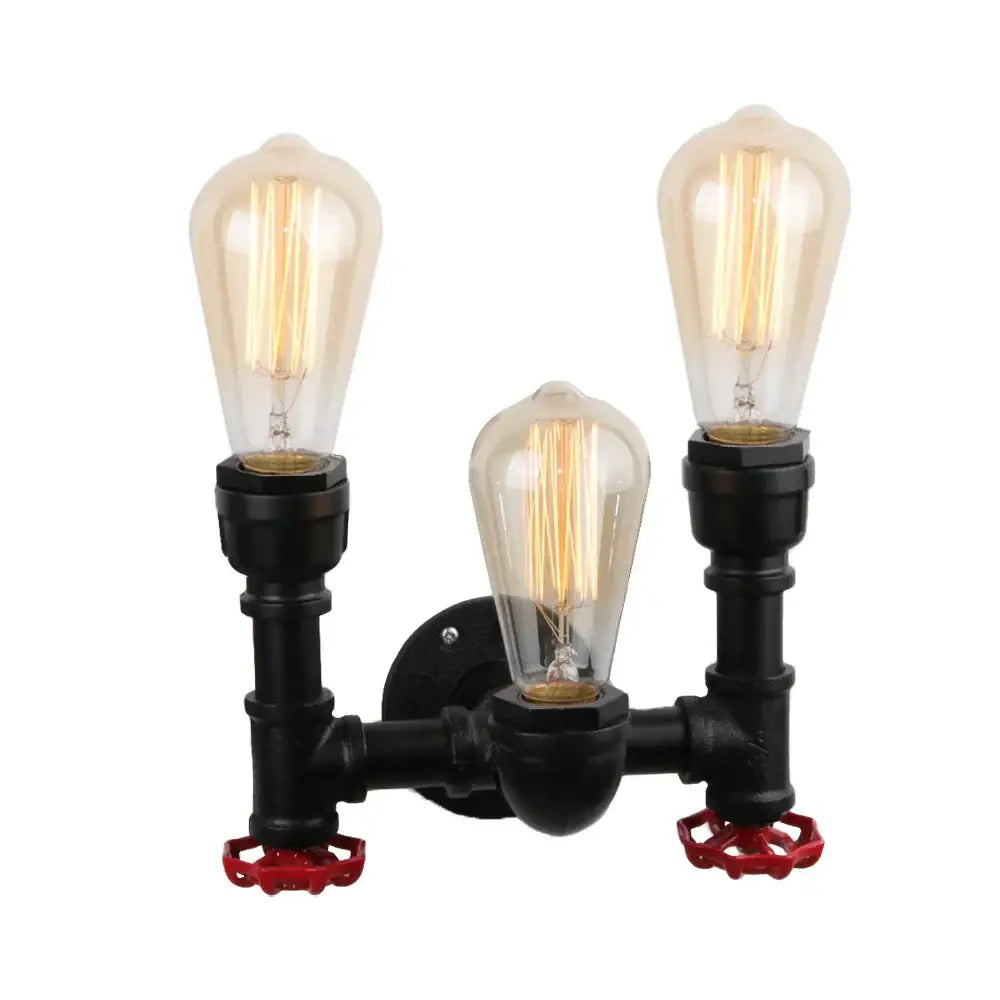 Industrial black water pipe wall lamp with three black pipe arms, clear filament bulbs, and red valve decorbites industrial water