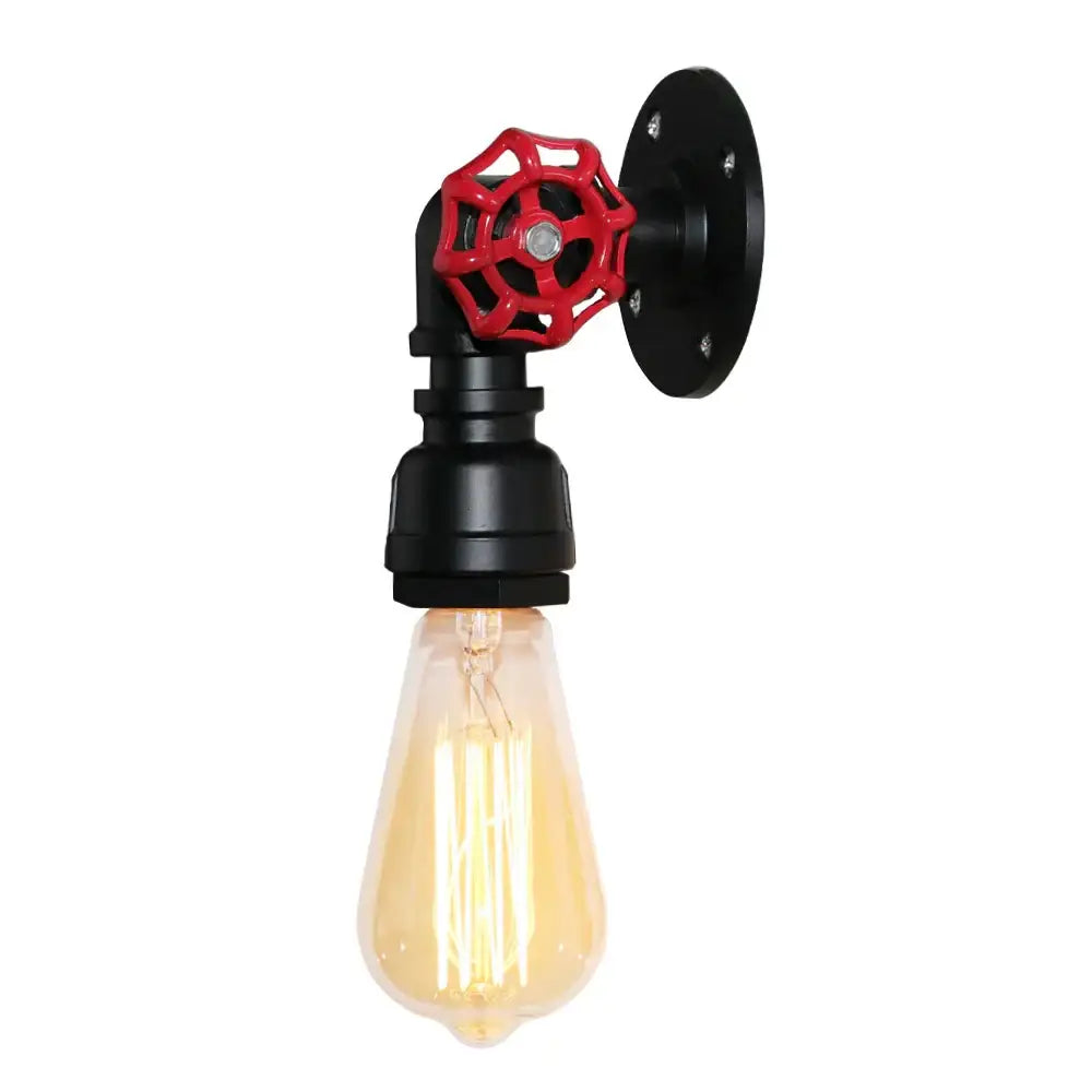 Industrial black water pipe wall lamp with red valve handwheel and exposed filament bulb by decorbites industrial water