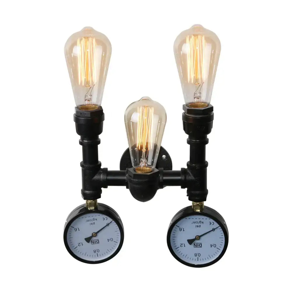 Industrial black water pipe wall lamp with three exposed filament bulbs and two circular pressure gauges decorbites industrial water