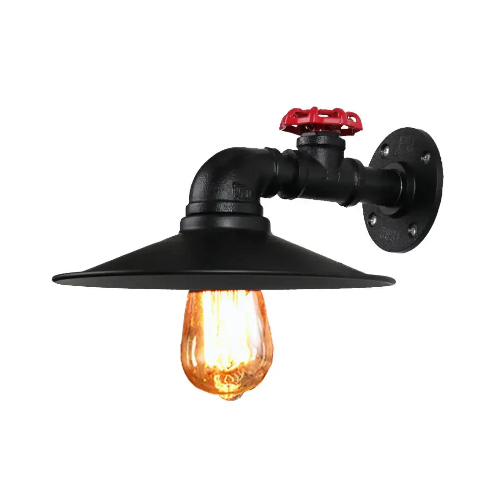 Industrial black water pipe wall lamp with red valve handle and exposed amber filament bulb by decorbites industrial water