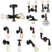 Industrial black water pipe wall lamp with red valve accents and exposed filament bulbs for decorbites industrial water style
