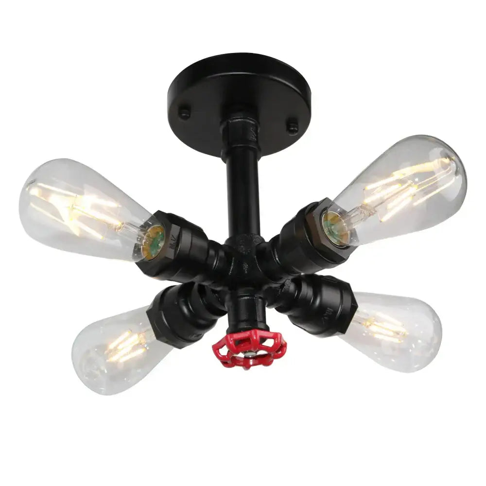 Black industrial water pipe wall lamp with four glass filament bulbs and red valve handle for bedroom decorbites industrial water