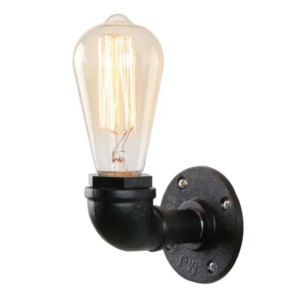 Industrial black water pipe wall lamp with red valve and glowing amber filament bulb for decorbites industrial water decor