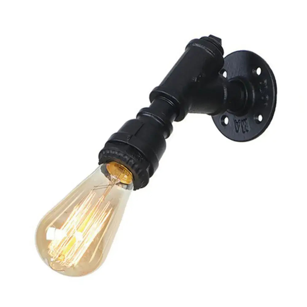 Industrial black water pipe wall lamp with glowing amber filament bulb and red valve decorbites industrial water style