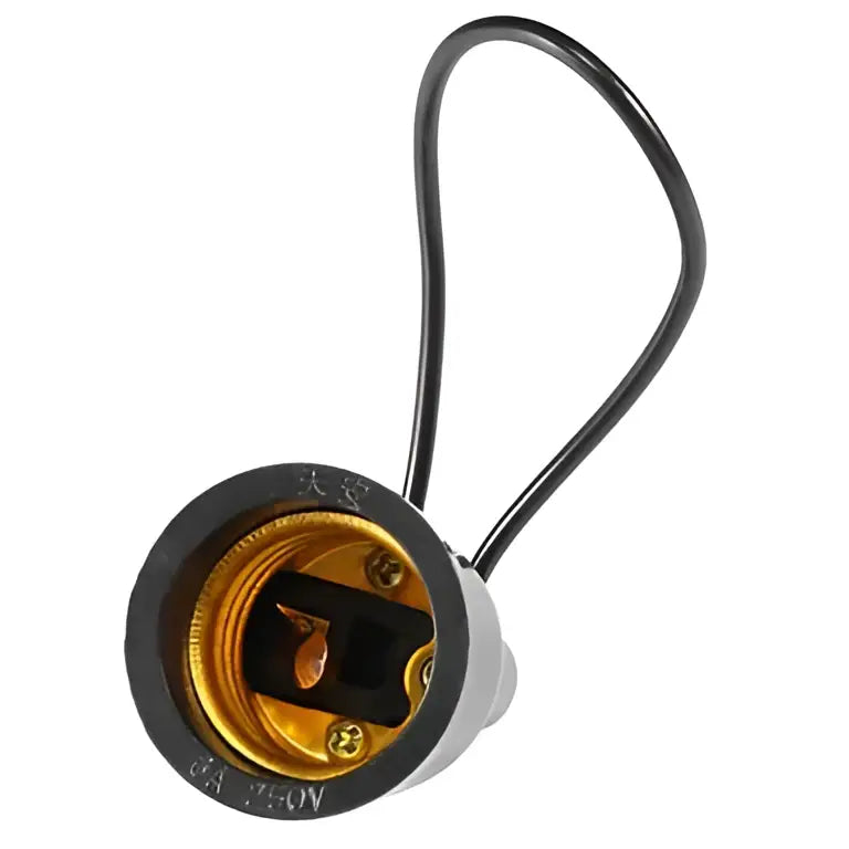 Industrial black waterproof e27 lamp socket with black and gold bulb holder and curved wire loop for outdoor use