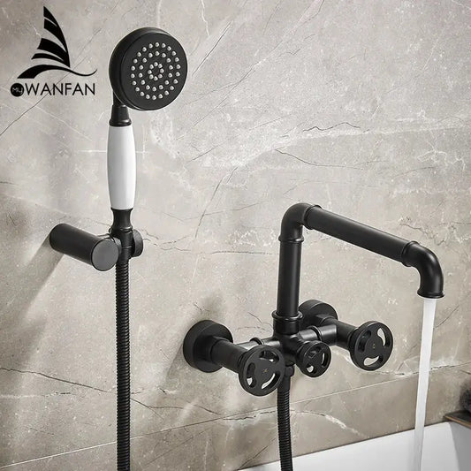 Industrial black and white bath shower set with dual control black matte finish and white ceramic handles in vintage style