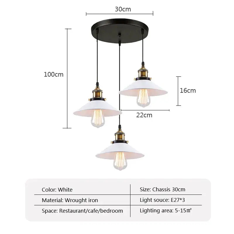 White wrought iron pendant light with three vintage bulbs and brass accents in decorbites industrial ceiling chandelier design