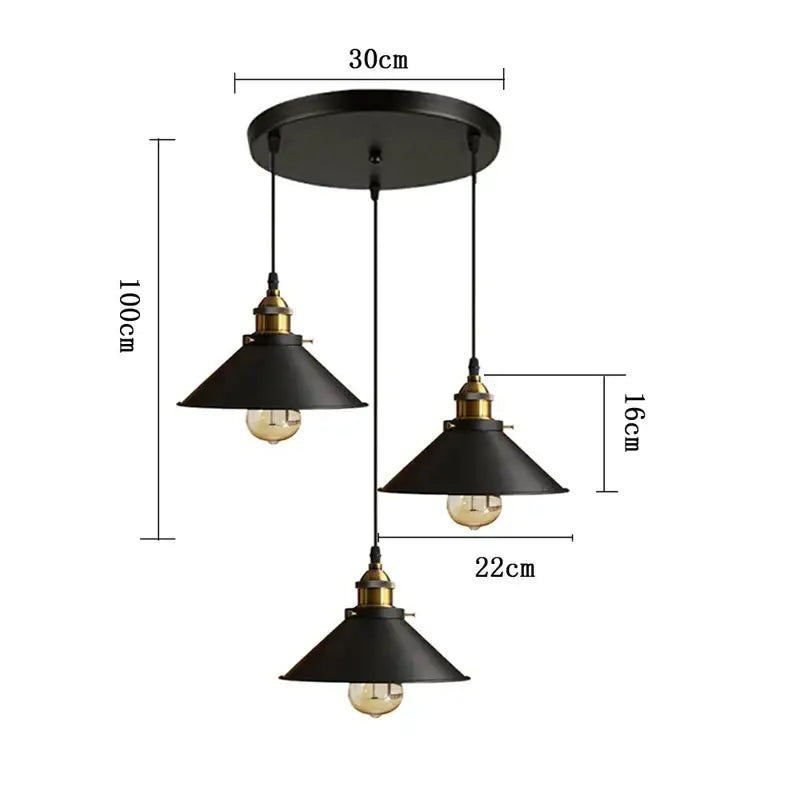 Black industrial ceiling chandelier with three conical shades and brass accents for kitchen pendant light decorbites industrial ceiling